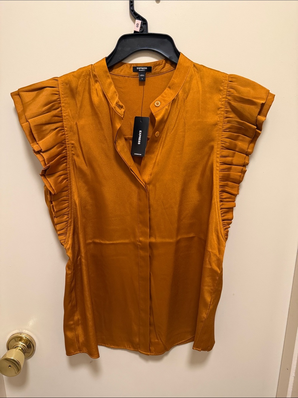Express Mustard Ruffle Sleeve Button-Front Blouse - Picture 1 of 5
